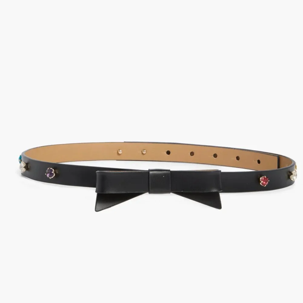 NWT $98  Kate Spade New York rhinestone bow belt Large, BLACK Leather